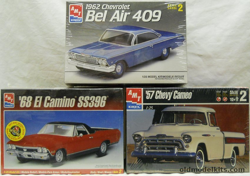 AMT 1/25 1957 Chevrolet Cameo Pickup Truck / 1962 Chevrolet Bel Air 409 Two Door Hardtop / 1968 Chevrolet El Camino SS396 plastic model kit